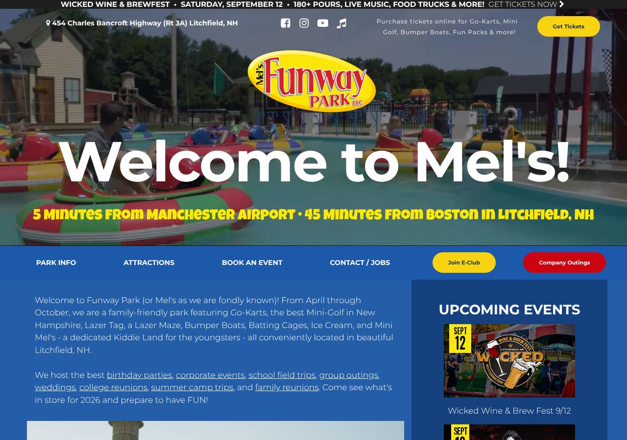 Homepage snapshot of Mel's Funway Park