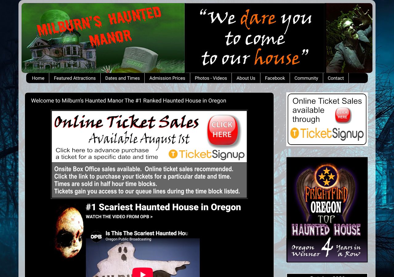 Homepage snapshot of Milburn's Haunted Manor