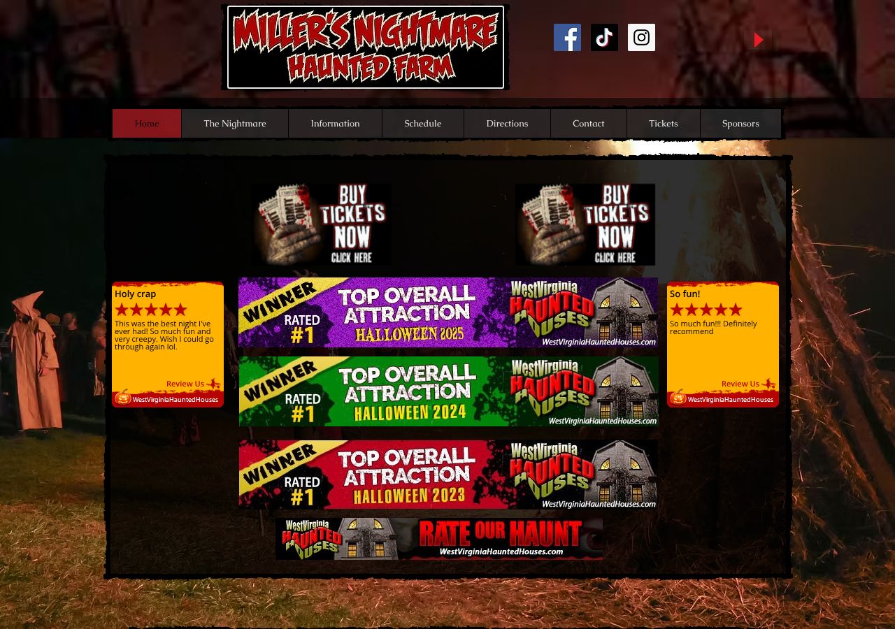 Homepage snapshot of Miller's Nightmare Haunted Farm