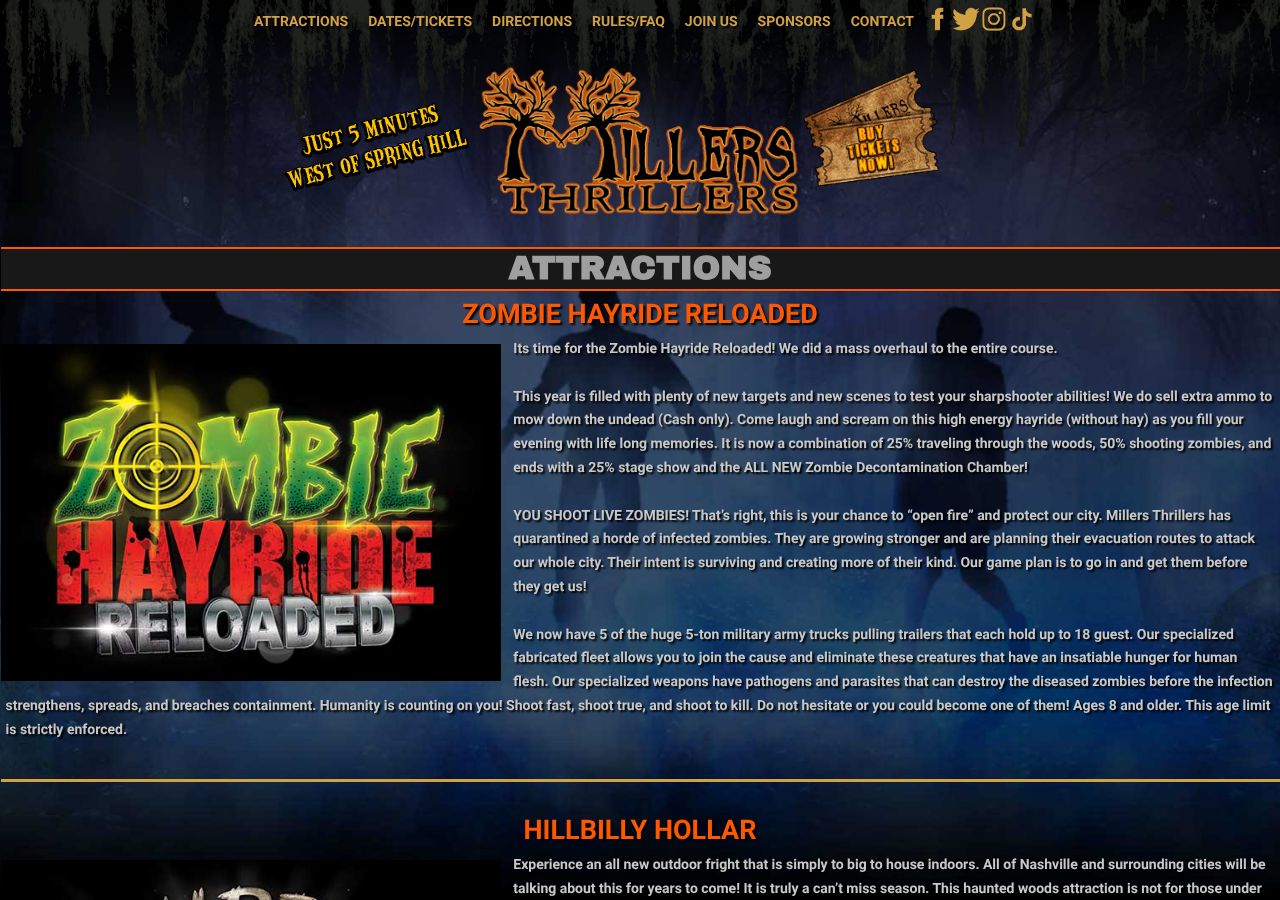 Homepage snapshot of Millers Thrillers Haunted Woods