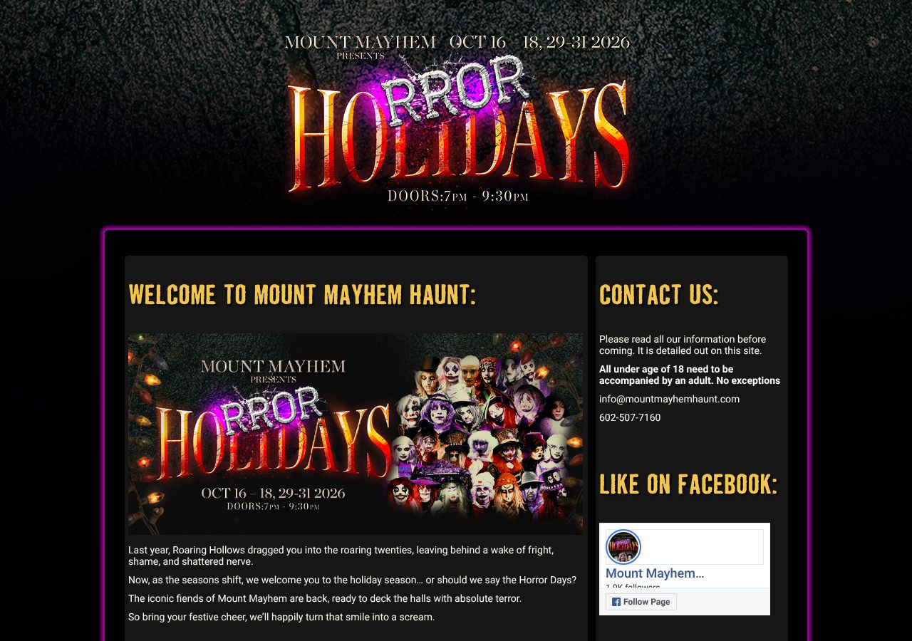 Homepage snapshot of Mount Mayhem Haunted House