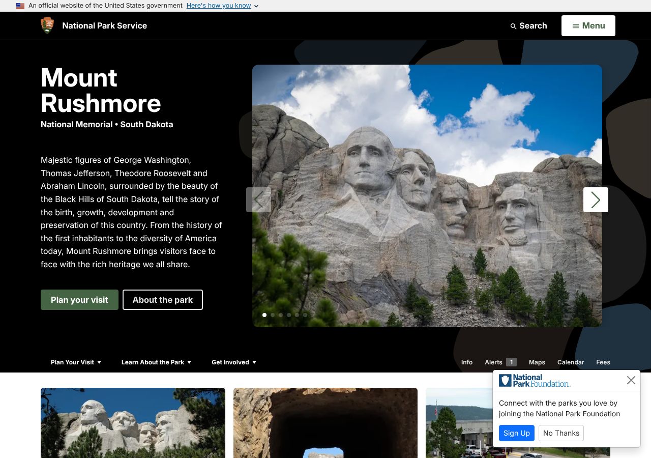 Homepage snapshot of Mount Rushmore National Memorial