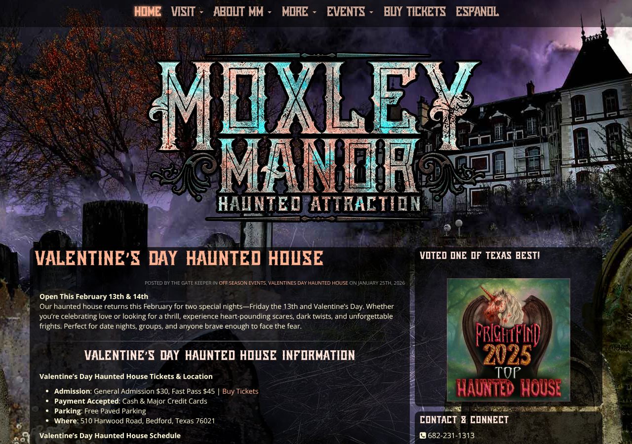 Homepage snapshot of Moxley Manor Haunted House