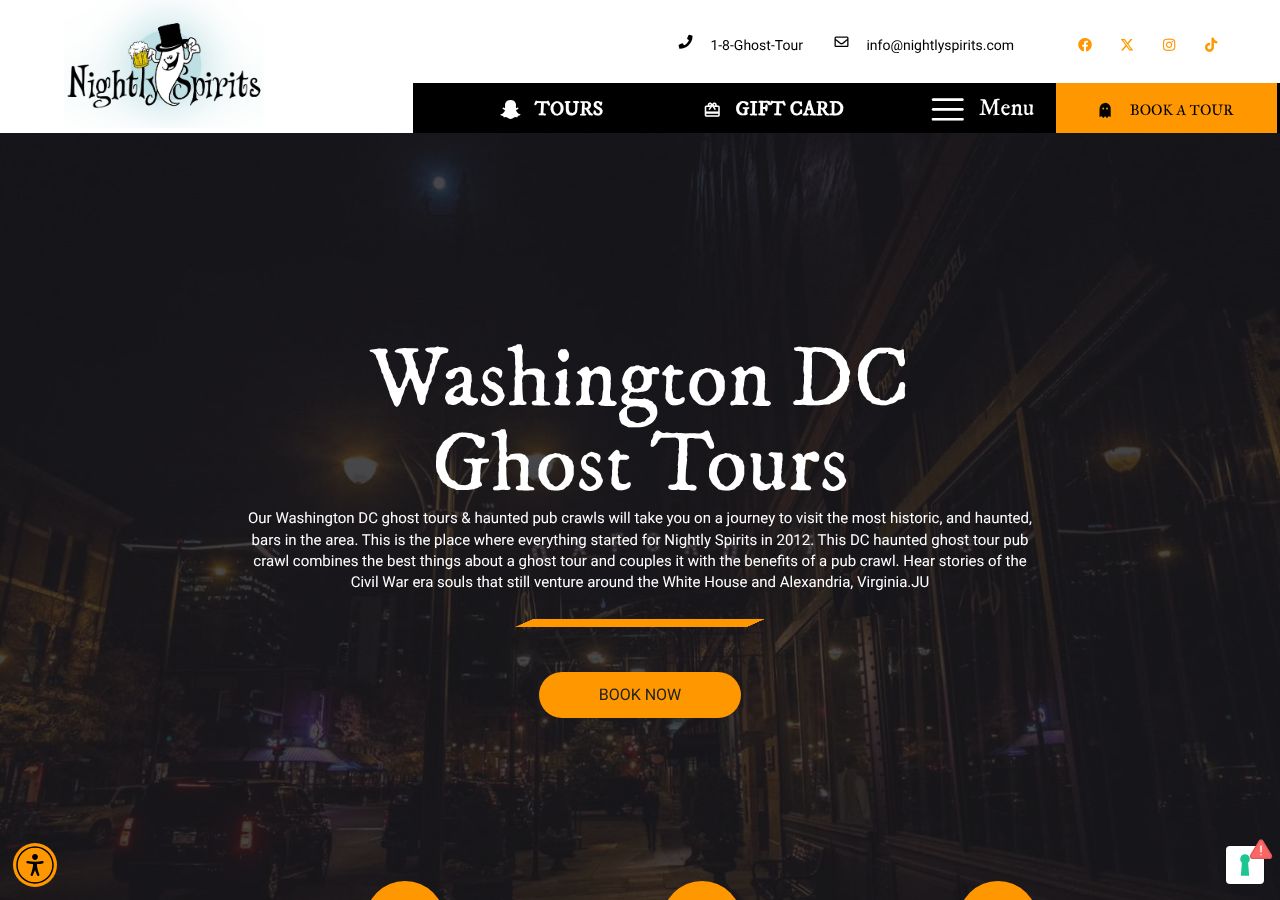 Homepage snapshot of Nightly Spirits - Ghost Tours & Pub Crawls