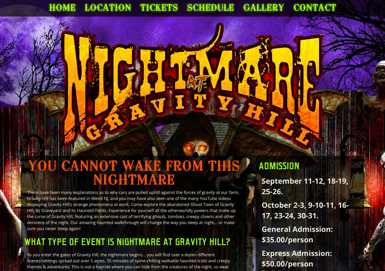 Homepage snapshot of Nightmare at Gravity Hill