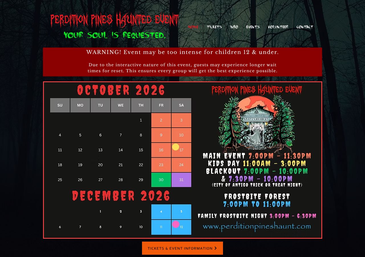 Homepage snapshot of Perdition Pines Haunted Event