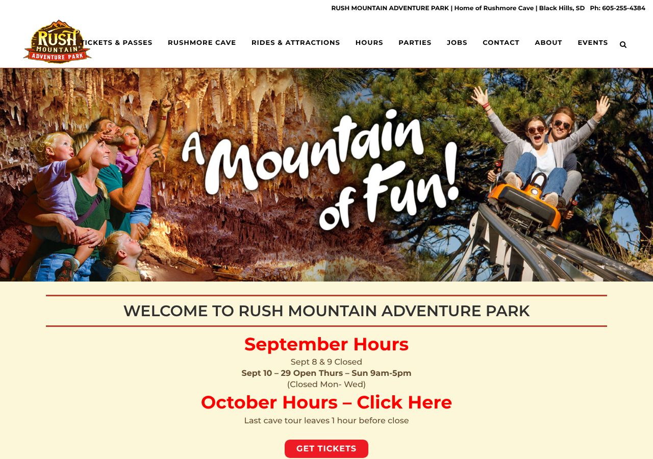 Homepage snapshot of Rush Mountain Adventure Park