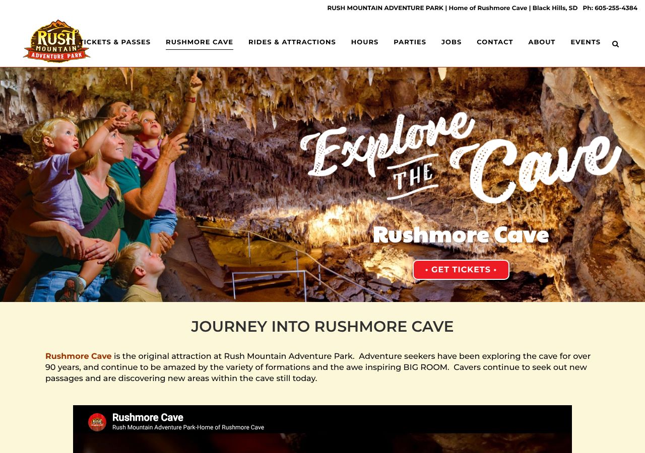 Homepage snapshot of Rushmore Cave