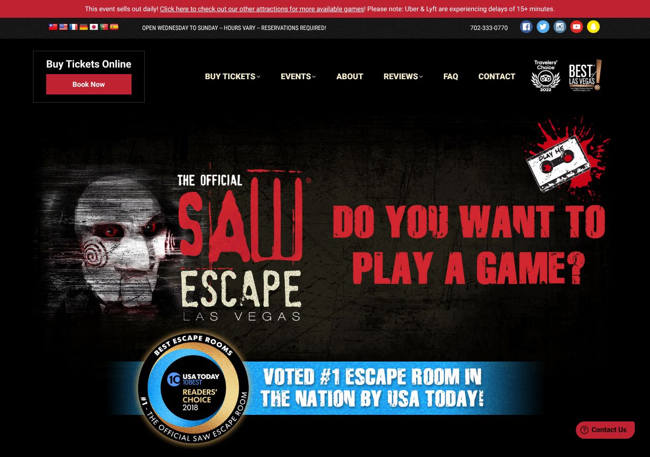 Homepage snapshot of SAW Escape Room