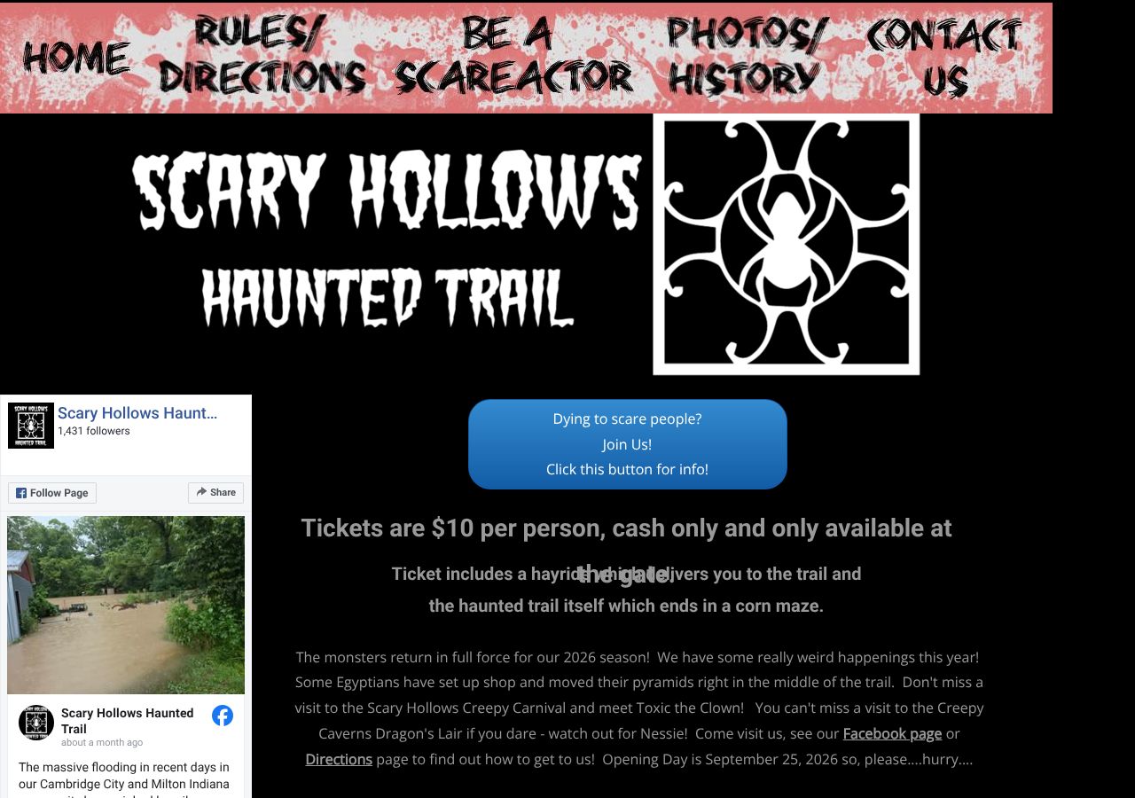 Homepage snapshot of Scary Hollows Haunted Trail