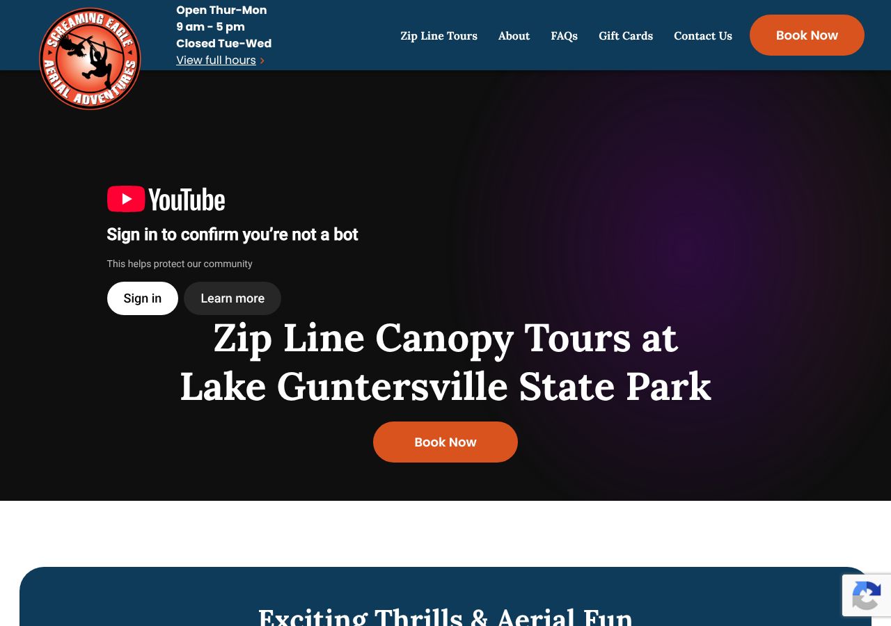 Homepage snapshot of Screaming Eagle Aerial Adventures at Lake Guntersville State Park