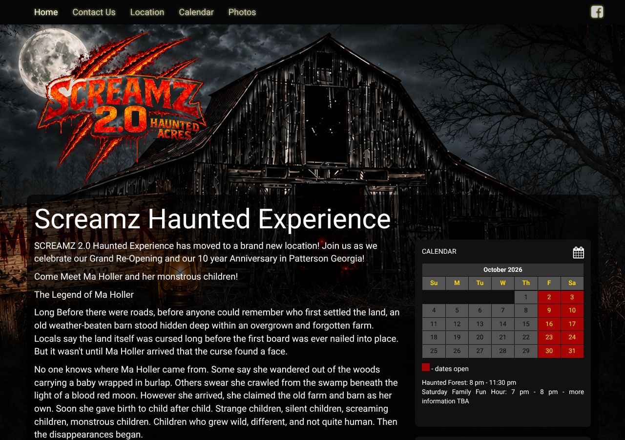Homepage snapshot of SCREAMZ HAUNTED EXPERIENCE - SCREAMZ 2.0 Haunted Acres