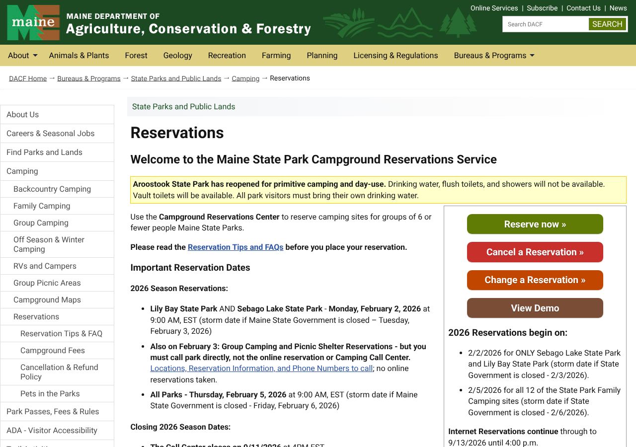 Homepage snapshot of Sebago Lake State Park Campground