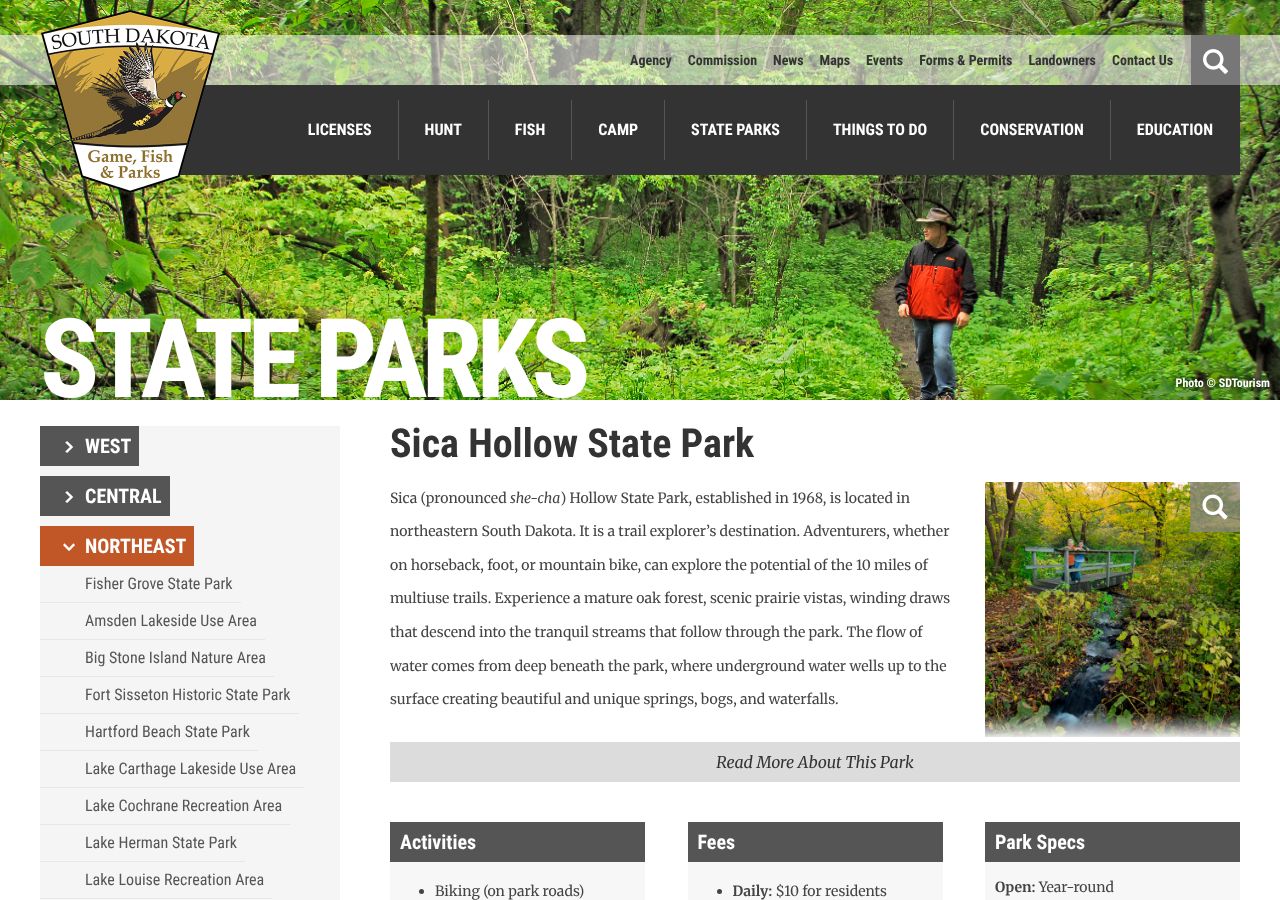 Homepage snapshot of Sica Hollow State Park