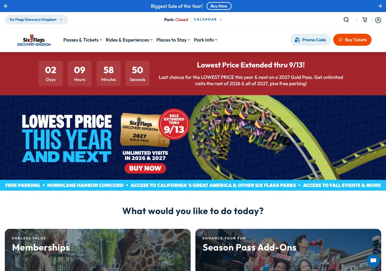 Homepage snapshot of Six Flags Discovery Kingdom