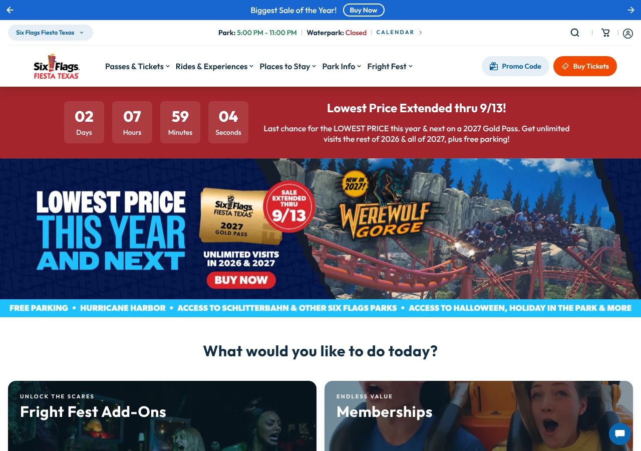 Homepage snapshot of Six Flags Fiesta Texas