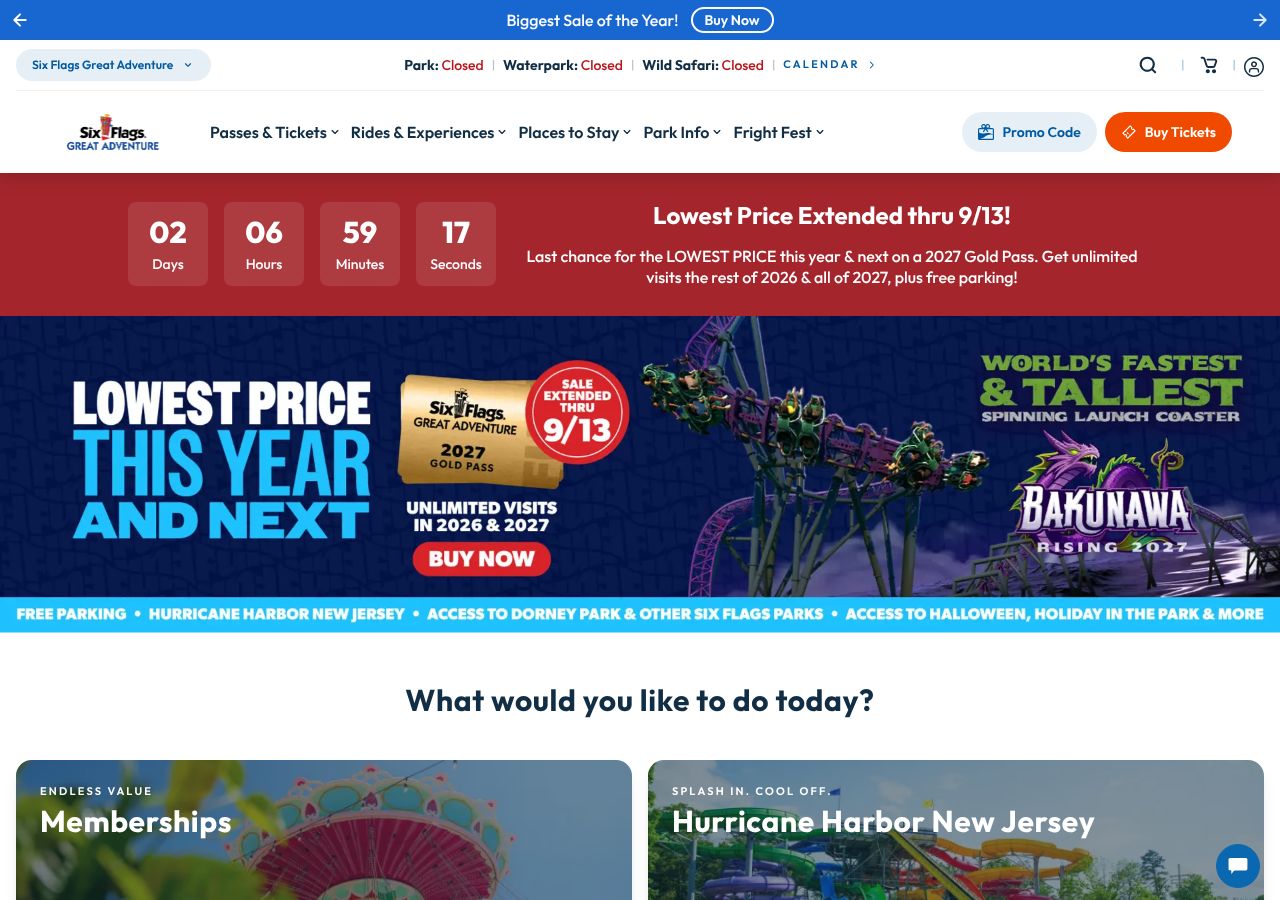 Homepage snapshot of Six Flags Great Adventure