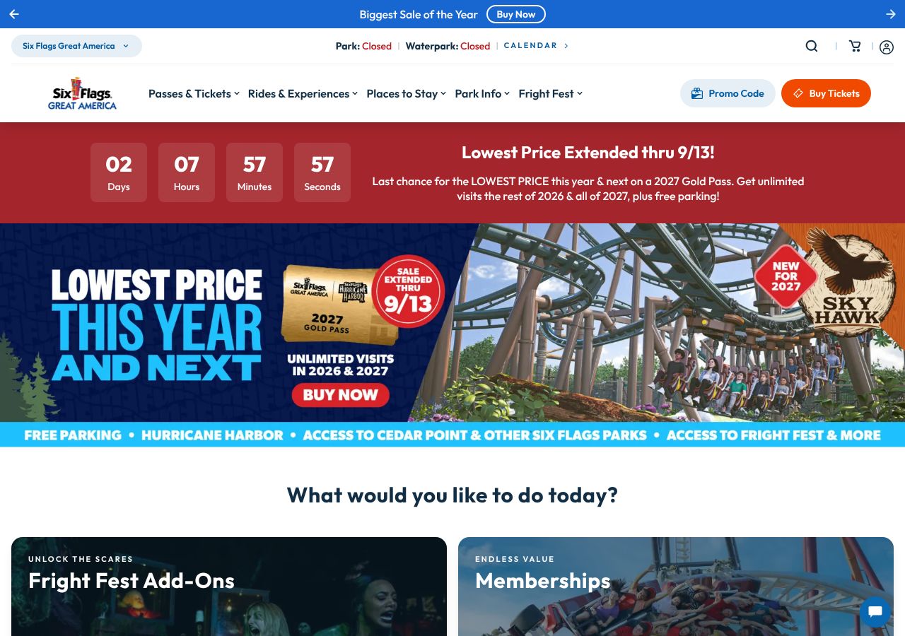 Homepage snapshot of Six Flags Great America