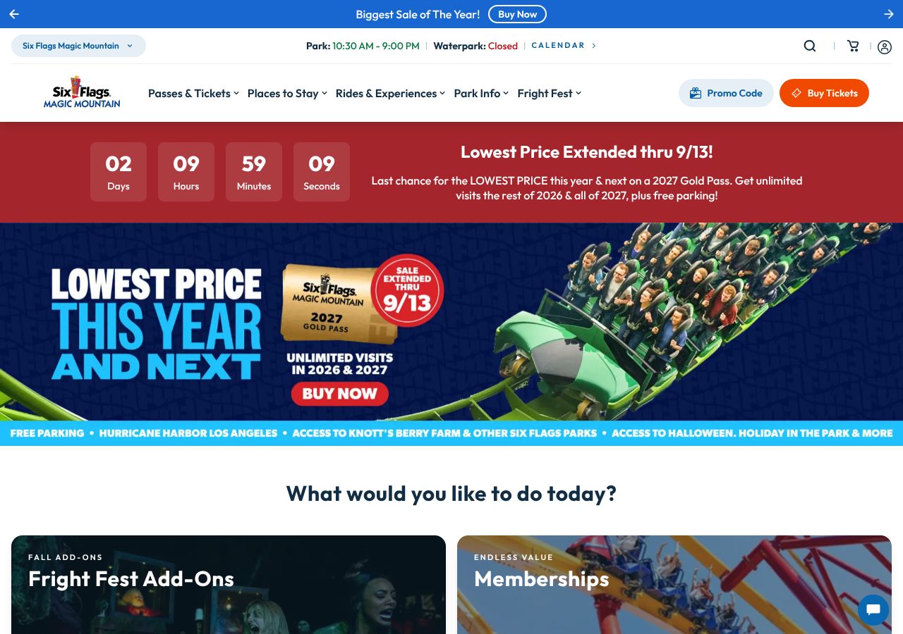 Homepage snapshot of Six Flags Magic Mountain