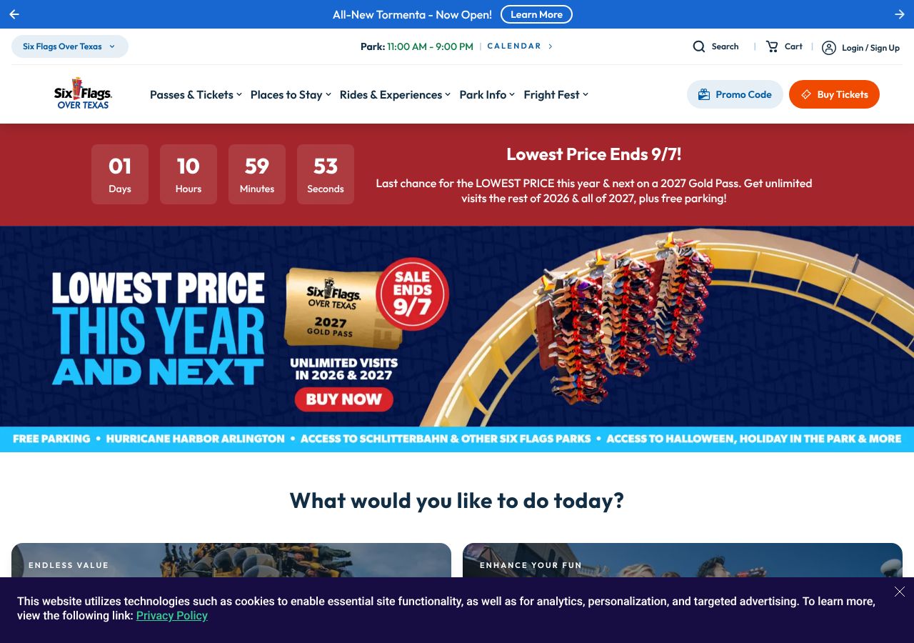 Homepage snapshot of Six Flags Over Texas