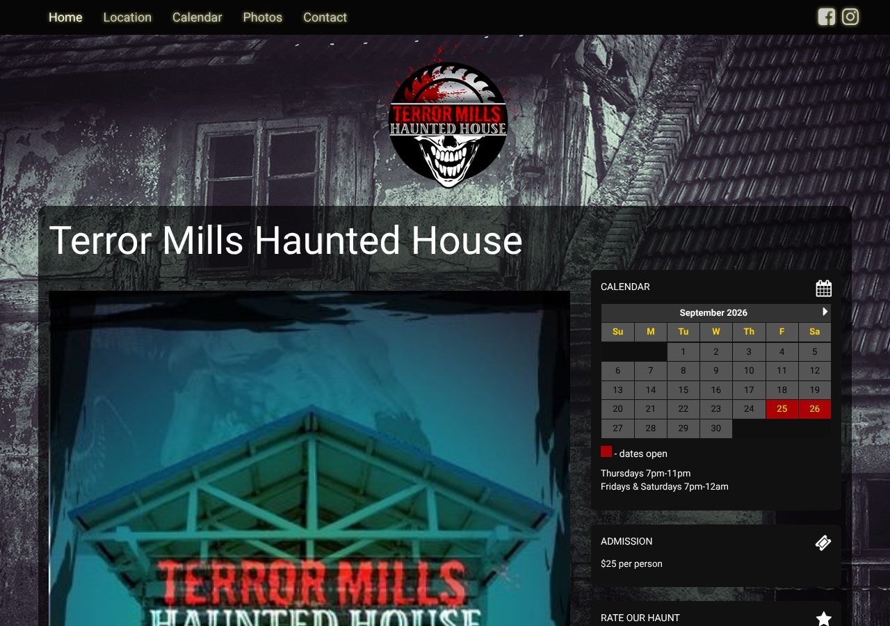 Homepage snapshot of Terror Mills Haunted House