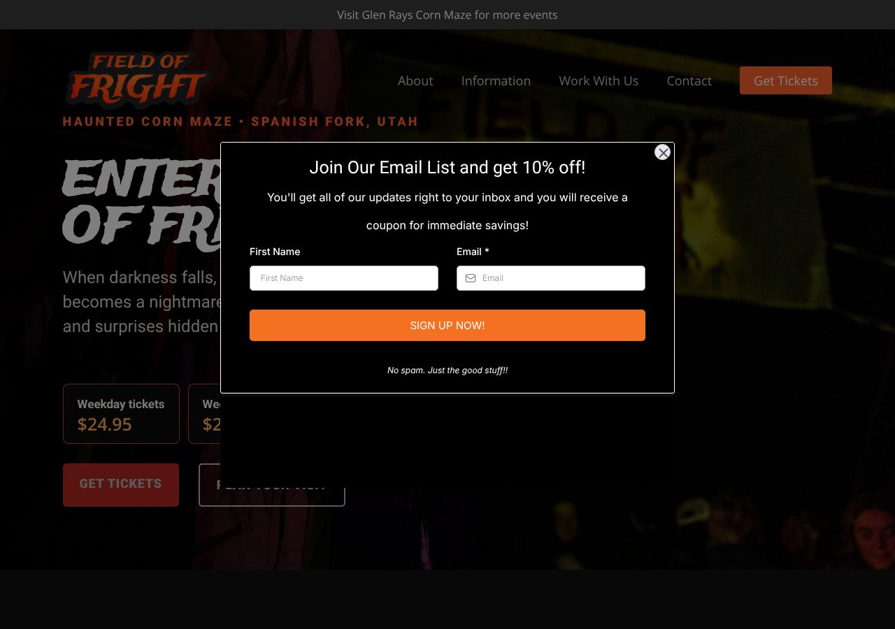 Homepage snapshot of The Field of Fright Haunted Corn Maze