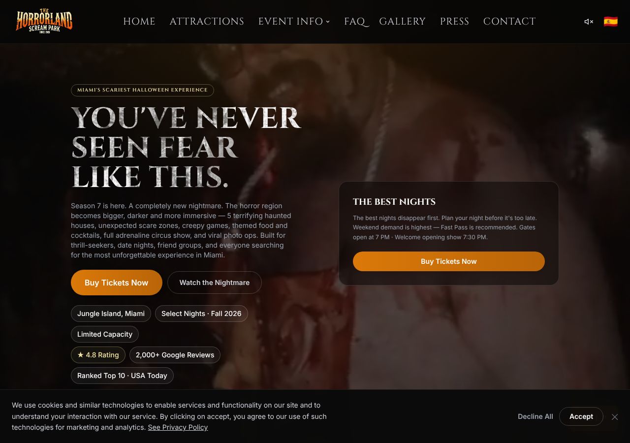 Homepage snapshot of The Horrorland Miami