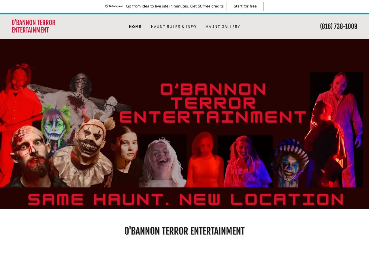 Homepage snapshot of The O'bannon Terror Haunted House