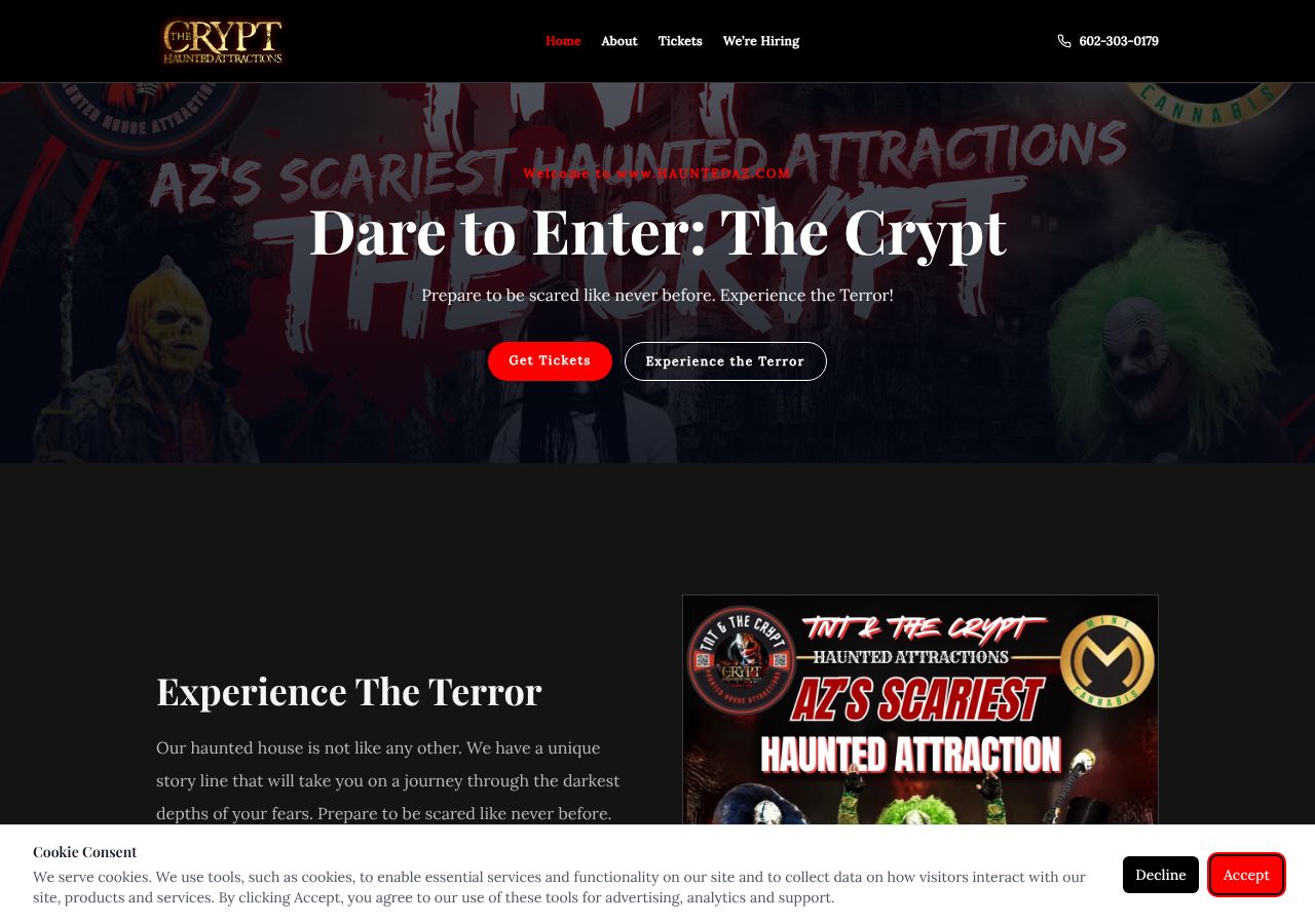 Homepage snapshot of TNT and The Crypt Haunted Attractions