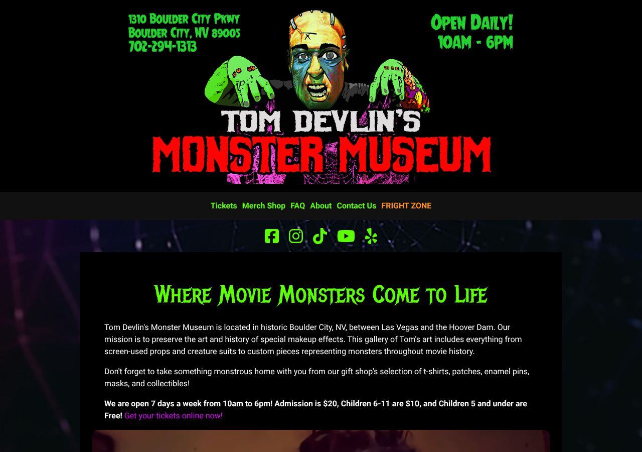 Homepage snapshot of Tom Devlin's Monster Museum