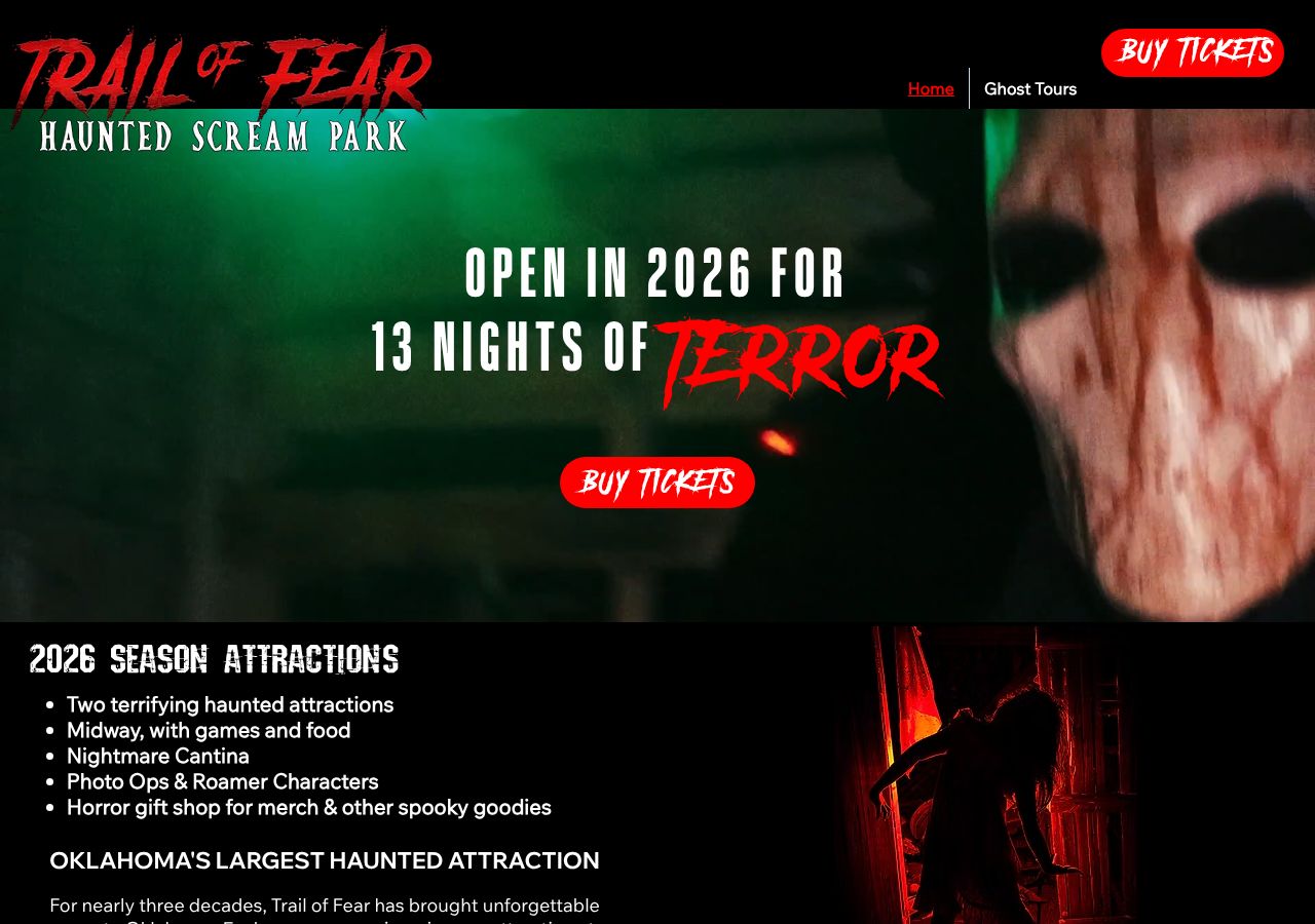 Homepage snapshot of Trail of Fear Scream Park