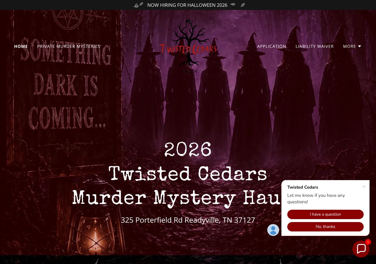 Homepage snapshot of Twisted Cedars Murder Mystery (14+ w/ Parent/ guardian) Advance Reservation/Ticket Sales Required!