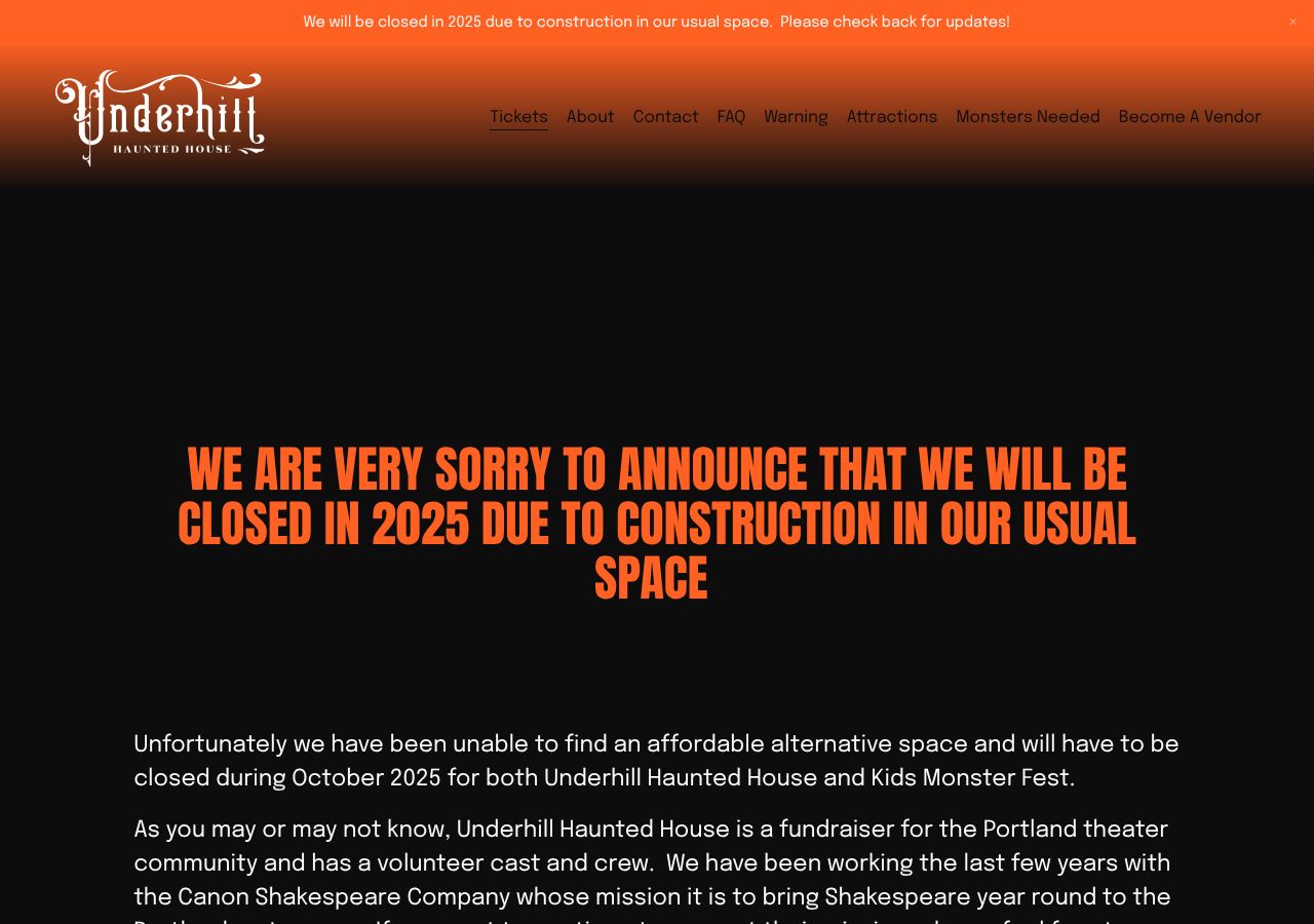 Homepage snapshot of Underhill Haunted House