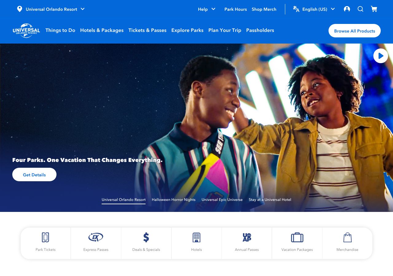 Homepage snapshot of Universal Orlando Resort