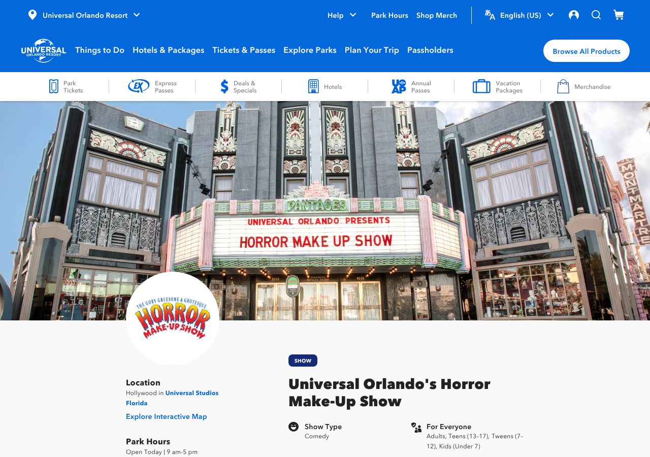 Homepage snapshot of Universal Orlando's Horror Make-Up Show