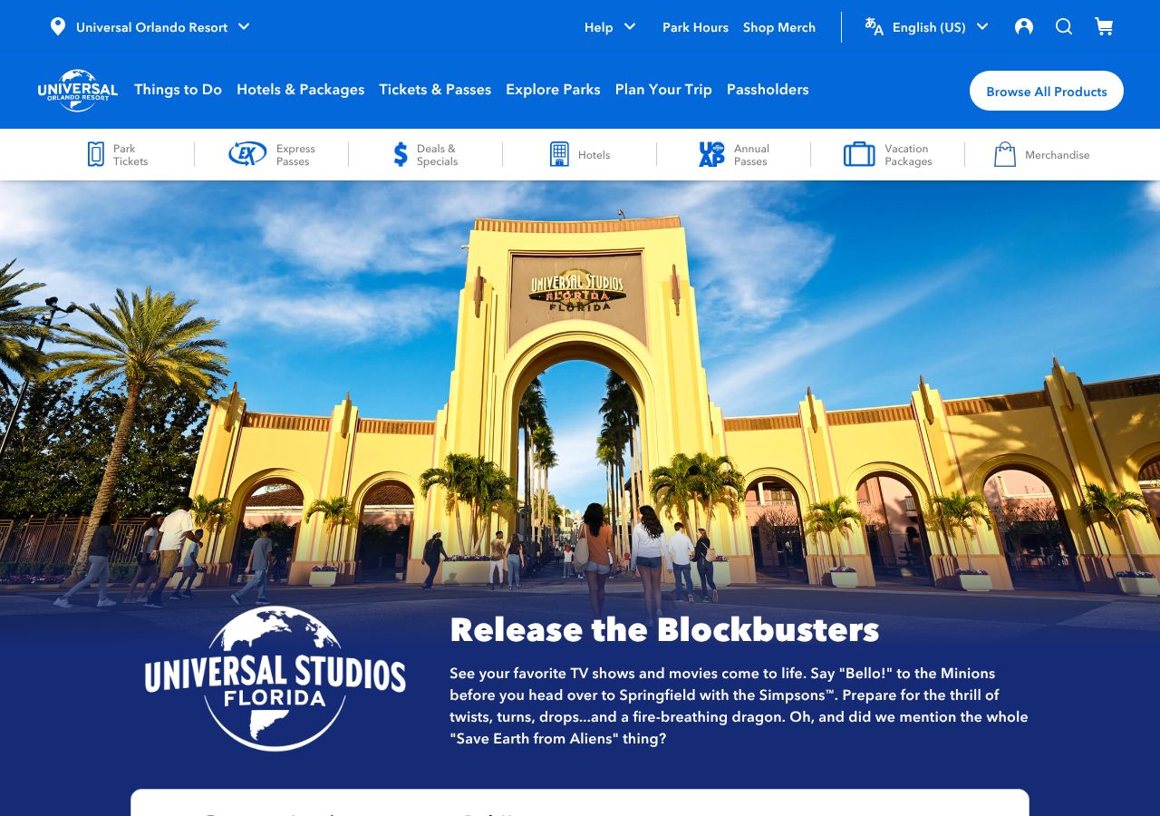 Homepage snapshot of Universal Studios Florida