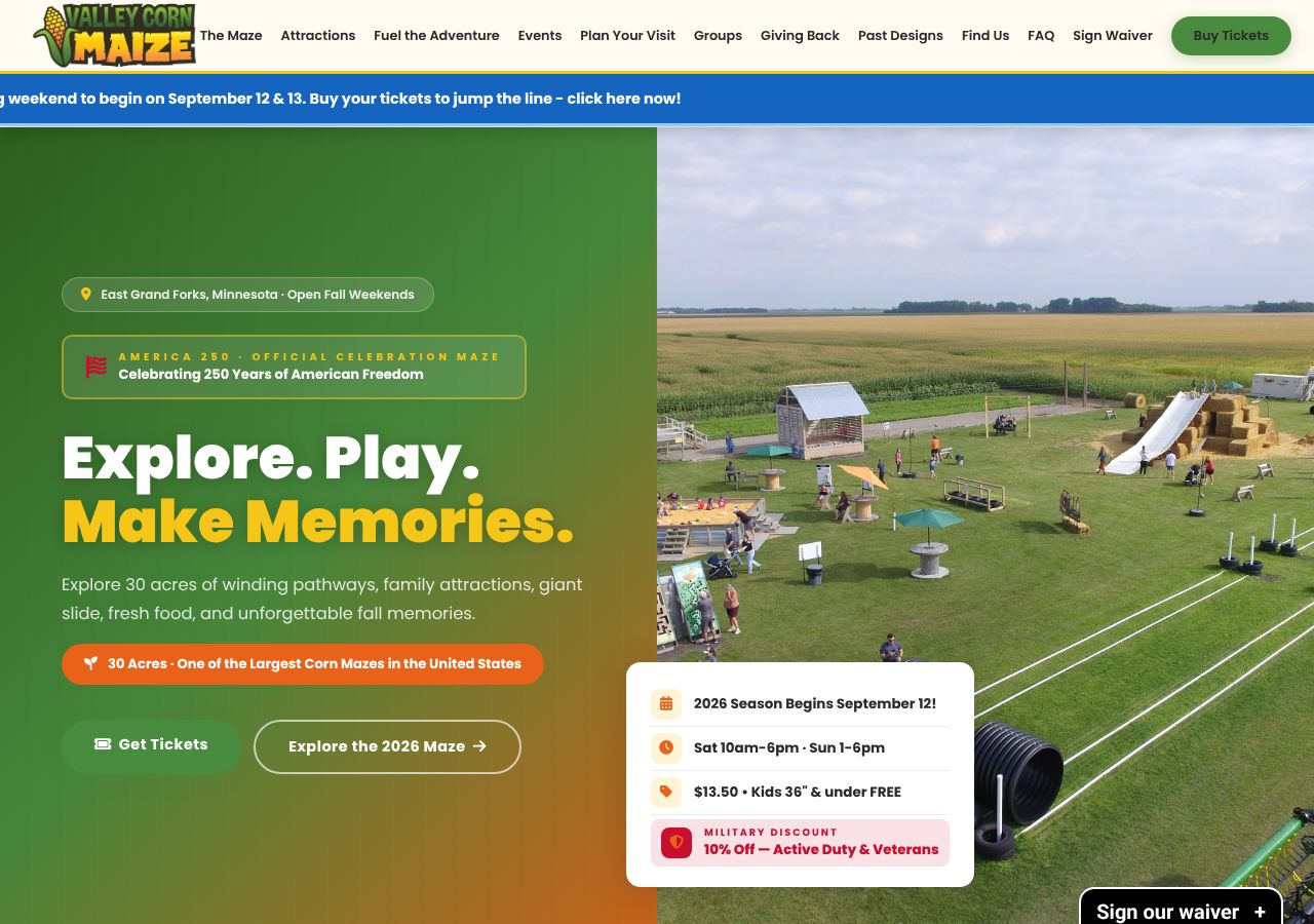 Homepage snapshot of Valley Corn Maize