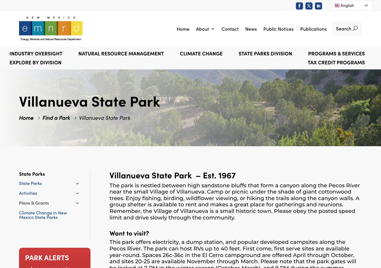 Homepage snapshot of Villanueva State Park