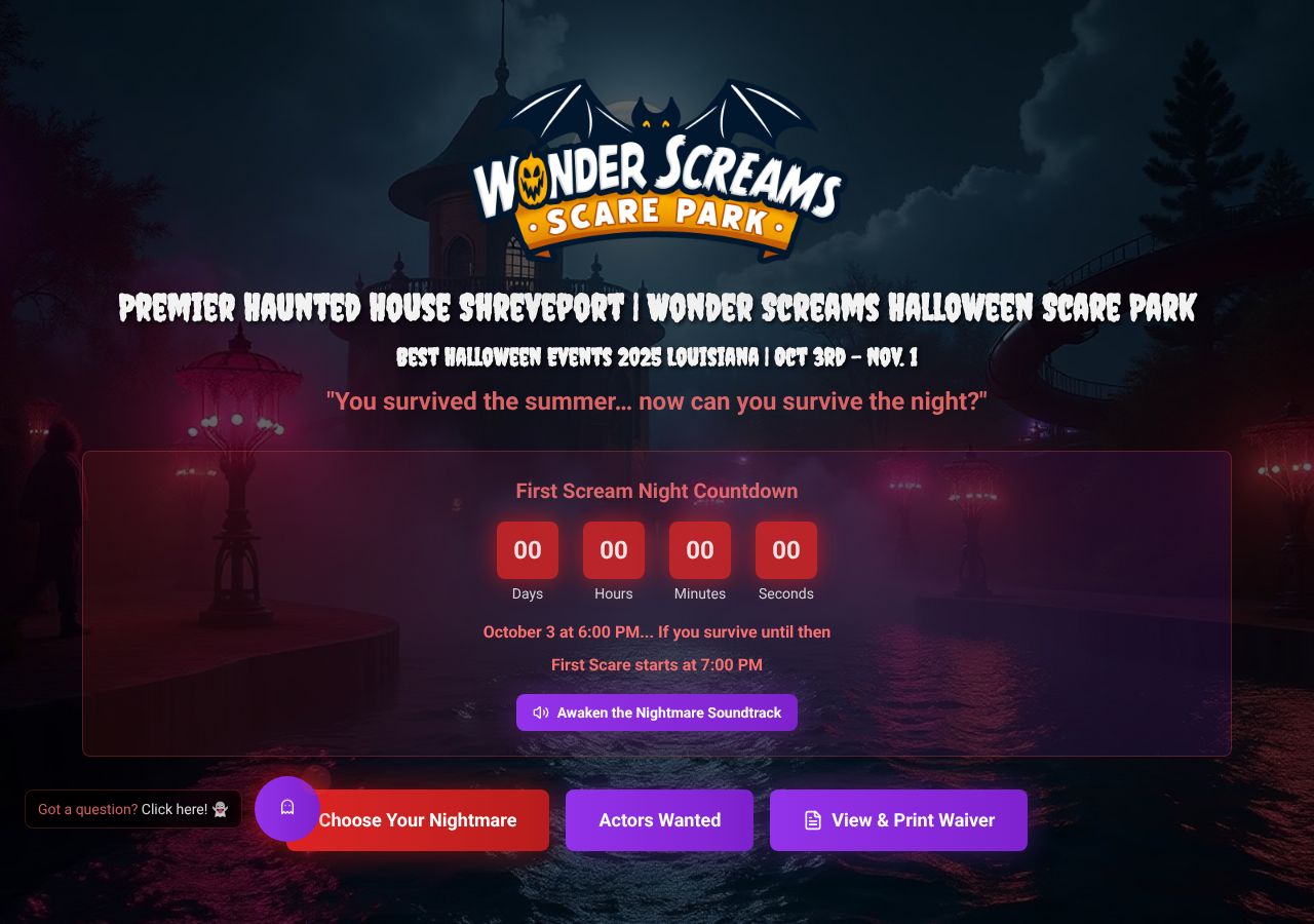 Homepage snapshot of Wonder Screams Scare Park